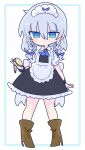  1girl apron ascot blue_ascot blue_bow blue_dress blue_eyes boots bow braid brown_footwear dress grey_hair hair_bow high_heel_boots high_heels highres izayoi_sakuya maid maid_apron maid_headdress op_na_yarou puffy_short_sleeves puffy_sleeves short_sleeves simple_background solo touhou twin_braids waist_bow white_apron white_background white_bow wrist_cuffs 