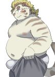 2023 absurd_res anthro belly big_belly blush bottomwear bulge clothing felid hi_res kemono licho_(tas) lifewonders male mammal moobs navel nipples overweight overweight_male pantherine pants pink_nose ptcmtr simple_background solo tiger tokyo_afterschool_summoners underwear white_background white_body 