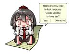  1girl black_hair blush brown_skirt dialogue_box english_text flying_paper hands_on_ground kasuya_baian kneeling necktie open_mouth paper pink_eyes red_headwear red_necktie shameimaru_aya shirt skirt socks touhou white_background white_shirt white_socks 