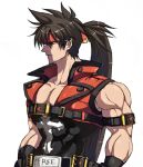  bare_shoulders brown_hair covered_abs ebi_pri_shrimp forehead_protector guilty_gear guilty_gear_xrd headband long_hair looking_to_the_side male_focus muscular muscular_male profile red_eyes simple_background sol_badguy spiked_hair upper_body 