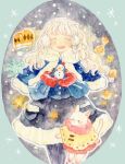  1girl animal black_skirt cat closed_eyes earmuffs gloves highres holding long_hair long_sleeves mittens oniheya_53 open_mouth original painting_(medium) signature skirt traditional_media watercolor_(medium) wavy_hair white_cat white_hair 