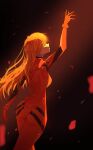  1girl absurdres arm_up ass bodysuit breasts closed_eyes cowboy_shot ezekgg highres interface_headset large_breasts long_hair neon_genesis_evangelion orange_bodysuit orange_hair parted_lips plugsuit profile red_bodysuit solo souryuu_asuka_langley two_side_up 