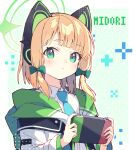  1girl :&lt; animal_ear_headphones animal_ears blonde_hair blue_archive blue_necktie blush bow cat_ear_headphones character_name collared_shirt commentary dress_shirt fake_animal_ears from_side green_bow green_eyes hair_bow halo handheld_game_console head_tilt headphones highres holding holding_handheld_game_console jacket looking_at_viewer midori_(blue_archive) necktie nintendo_switch playing_games school_uniform shirt sidelocks solo upper_body white_shirt wide_sleeves zoirun 