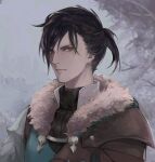  1boy armor black_hair black_sweater brown_eyes closed_mouth felix_hugo_fraldarius fire_emblem fire_emblem:_three_houses fur_trim leather_armor looking_at_viewer male_focus outdoors short_hair short_ponytail shoulder_armor sweater toroyuri upper_body 