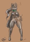  2023 anthro biped black_bodysuit black_clothing bodily_fluids bodysuit breasts clothed clothing dripping drooling female front_view genital_fluids gimp_suit hand_on_hip hand_on_own_hip hi_res mega_banette mega_evolution nintendo pokemon pokemon_(species) pokemorph purple_sclera pussy_juice pussy_juice_drip s-nina saliva simple_background skinsuit solo standing tight_clothing yellow_eyes zipper 