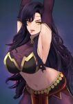  1girl absurdres alternate_costume armpits belt black_bra black_hair bra breasts circlet cleavage commission commissioner_upload cosplay cowboy_shot curvy eyeshadow fire_emblem fire_emblem:_the_blazing_blade fire_emblem_echoes:_shadows_of_valentia gloves gold_trim highres huge_breasts jewelry labebebe_lee leaning_forward lips lipstick long_hair looking_at_viewer makeup mature_female midriff narrow_waist non-web_source pelvic_curtain solo sonia_(fire_emblem) sonya_(fire_emblem) sonya_(fire_emblem)_(cosplay) thighs tongue tongue_out underwear yellow_eyes 