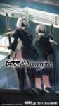  1boy 1girl 2b_(nier:automata) 9s_(nier:automata) artist_request black_blindfold black_choker black_hairband black_jacket black_shorts blindfold boots choker cleavage_cutout closed_mouth clothing_cutout covered_eyes english_commentary feather-trimmed_sleeves feather_trim from_below goddess_of_victory:_nikke hairband highres industrial_pipe jacket juliet_sleeves long_sleeves nier:automata nier_(series) official_art outdoors puffy_sleeves railing short_hair shorts sword sword_behind_back thighhighs thighhighs_under_boots virtuous_contract weapon white_hair 