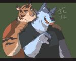  2023 absurd_res anthro arufina_w biped bite canid canine canis clothing domestic_dog duo felid green_body hi_res humanoid_hands kemono male male/male mammal neck_bite pantherine shirt tiger topwear 