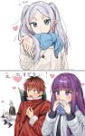  2girls 3boys ^^^ absurdres blood blowing_kiss blue_scarf coat commentary_request earrings elf fern_(sousou_no_frieren) frieren green_eyes halo heart heiter highres himmel_(sousou_no_frieren) jacket jewelry long_hair meme multiple_boys multiple_girls pointy_ears purple_eyes purple_hair red_eyes red_hair red_jacket scarf short_hair sousou_no_frieren stark_(sousou_no_frieren) twintails white_coat white_hair yamcha_pose_(meme) yayoi_maka yellow_halo 