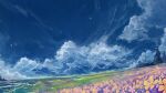  axleaki blue_sky chinese_commentary cloud commentary_request day dutch_angle falling_petals field flower flower_field grass highres horizon no_humans original outdoors petals scenery sky sky_focus tree 