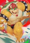  2023 abs anthro armband biceps bowser bowser_logo bracelet bulge claws clothing collar digital_media_(artwork) feet hair hi_res horn jewelry koopa male mario_bros marius_tygo mostly_nude mostly_nude_anthro muscular muscular_anthro muscular_male nintendo nipple_piercing nipples orange_body paws pecs piercing quads red_eyes red_hair running scalie shell signature simple_background solo spiked_armband spiked_bracelet spiked_collar spikes star teeth toe_claws underwear 