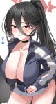  1girl black_hair black_wings blue_archive blue_jacket blush breasts choker cleavage collarbone feathered_wings hair_between_eyes halo hasumi_(blue_archive) hasumi_(track)_(blue_archive) high_ponytail highres horn/wood jacket large_breasts long_hair long_sleeves looking_at_viewer low_wings mole mole_under_eye red_eyes solo sweat thighs very_long_hair wings 