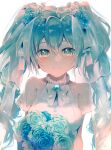  1girl backlighting blue_eyes blue_flower blue_hair blue_rose bow breasts closed_mouth commentary_request dress eyebrows_hidden_by_hair flower hair_between_eyes hair_flower hair_ornament hatsune_miku long_hair looking_at_viewer medium_breasts rose saihate_(d3) see-through simple_background smile solo twintails upper_body very_long_hair vocaloid white_background white_bow white_dress 