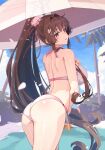  1girl artist_name ass bare_arms bare_legs bare_shoulders bikini blush breasts brown_eyes brown_hair cloud cowboy_shot dated flower from_behind hair_flower hair_ornament high_ponytail highres himeyamato kantai_collection large_breasts long_hair looking_back open_mouth outdoors pink_bikini pink_flower ponytail signature solo swimsuit umbrella very_long_hair yamato_(kancolle) yamato_kai_ni_(kancolle) 