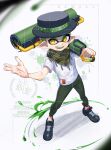  1boy artist_name black_footwear black_headwear carbon_roller_(splatoon) commission green_pants hat highres inkling inkling_boy jinkobanana open_mouth paint paint_roller pants shirt shoes smile solo splatoon_(series) teeth white_background white_shirt yellow_eyes 