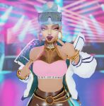  3d absurdres blender_(medium) blue_hair cigarette earrings highres jewelry league_of_legends looking_at_viewer open_mouth otaviox6 party qiyana_(league_of_legends) smoking tongue tongue_out 