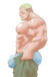  1boy abs absurdres arm_hair ass bara beard biceps blonde_hair blue_male_underwear blush bulge bulge_lift chest_hair dressing facial_hair feet_out_of_frame from_side goatee green_pants hairy highres i&#039;ve_never_seen_a_guy_recreate_this_successfully_tbh_(meme) large_bulge large_pectorals long_sideburns male_focus male_underwear mature_male meme minatsumi motion_lines muscular muscular_male navel_hair nipples old old_man open_pants original pants pants_lift pectorals pout short_hair sideburns solo stomach thick_arms topless_male triceps undercut undersized_clothes underwear 