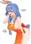  1girl animal_ear_fluff animal_ears apron blue_hair blush bow braid breasts cleavage collarbone covered_nipples dismassd english_text hair_bow hand_on_own_face highres hololive huge_breasts large_breasts long_braid long_hair mature_female multicolored_hair naked_apron open_mouth orange_apron orange_eyes pekomama rabbit_ears rabbit_girl rabbit_tail sideboob simple_background tail teeth thick_eyebrows twin_braids upper_teeth_only virtual_youtuber white_background white_bow white_hair 