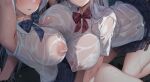  2girls all_fours arm_up armpits black_skirt blush breast_press breasts close-up closed_mouth collared_shirt commentary_request covered_nipples emoi_do head_out_of_frame highres huge_breasts multiple_girls nipples open_mouth original pleated_skirt school_uniform see-through see-through_shirt shirt sitting skirt smile thighs wet wet_clothes wet_shirt white_shirt yuri 