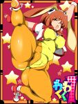  1girl alternate_color angry animal_ears ass ass_visible_through_thighs bob_cut bodysuit border breasts brown_hair cameltoe commentary_request covered_navel covered_nipples dynamic_pose fingerless_gloves gloves goggles goggles_on_head high_kick huge_ass jacket kicking kiti_(asihiron) logo makihara_arina medium_breasts official_alternate_color open_clothes open_jacket pantyhose player_2 purple_background rabbit_ears red_footwear red_gloves shoelaces shoes short_hair skin_tight sneakers solo star_(symbol) starry_background teeth thick_thighs thighs unitard upper_teeth_only waku_waku_7 white_jacket wide_hips yellow_border yellow_pantyhose yellow_unitard 