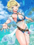  1girl armpits bikini blonde_hair blue_bikini blue_eyes bracelet breasts cleavage criss-cross_halter fire_emblem fire_emblem_heroes fjorm_(fire_emblem) fjorm_(summer)_(fire_emblem) flower hair_flower hair_ornament halterneck highres jewelry looking_at_viewer medium_breasts navel official_alternate_costume smile snow20200 solo swimsuit 