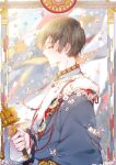  1boy absurdres baihua_er bead_necklace beads black_hair blue_coat chinese_clothes closed_eyes coat dao_mu_bi_ji flower from_side hand_up highres jewelry male_focus necklace prayer_wheel profile short_hair solo string_of_flags tibetan_clothes upper_body white_flower zhang_qiling 