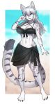  1girl absurdres black_bra blue_eyes border bra breasts cleavage full_body furry furry_female highres large_breasts long_hair looking_at_viewer navel open_mouth original pgm300 snow_leopard_girl snow_leopard_tail solo standing underwear white_border white_hair 