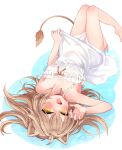  1girl animal_ears claw_pose dress festa11307070 flat_chest indie_virtual_youtuber light_brown_hair lion_ears lion_girl lion_tail long_hair looking_at_viewer lying on_back open_mouth rurudo_lion smile solo tail virtual_youtuber wet white_dress yellow_eyes 
