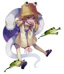  1girl animal black_footwear blonde_hair brown_headwear closed_mouth frog full_body green_eyes hat long_sleeves long_tongue medium_hair mishaguji moriya_suwako purple_skirt purple_vest sandals sea_phin shirt skirt smile snake solo thighhighs tongue tongue_out touhou transparent_background vest white_snake white_thighhighs wide_sleeves yellow_shirt 