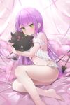 1girl barefoot bed bed_sheet blush closed_mouth demon_girl demon_tail ear_piercing hololive looking_at_viewer mujinbensin navel object_hug on_bed piercing pillow purple_hair purple_nails sitting skirt solo stuffed_toy tail tokoyami_towa virtual_youtuber 