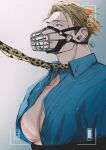  1boy animal_print blonde_hair blue_eyes blue_shirt collared_shirt highres jujutsu_kaisen large_pectorals leopard_print male_focus muzzle nanami_kento necktie neconii_oo pectorals recording shirt short_hair solo undercut yellow_necktie 