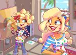  2020 accessory activision alex-toons anthro apron breasts brush clothing coco_bandicoot crash_bandicoot_(series) day detailed_background duo eye_contact eyeshadow female hair_accessory hi_res lipstick looking_at_another makeup mammal marsupial open_mouth open_smile paintbrush painting simple_background smile tawna_bandicoot window 
