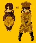  1girl ascot bandage_over_one_eye black_jacket brown_eyes brown_hair expressionless hair_over_one_eye hat highres jacket manchukuo_army manchukuo_flag military_hat military_uniform multiple_views nanimonothing original pants sitting sleeves_past_fingers sleeves_past_wrists smile solo uniform yellow_ascot yellow_background yellow_headwear yellow_pants 