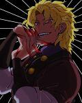  1boy blonde_hair blood blood_on_hands carota327 claws dio_brando ear_birthmark grin jojo_no_kimyou_na_bouken male_focus own_hands_clasped own_hands_together phantom_blood red_eyes smile solo teeth 