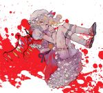  1girl ascot belt black_belt blonde_hair blood blood_splatter bloomers bow closed_mouth collared_shirt commentary_request crystal expressionless flandre_scarlet frilled_shirt_collar frilled_skirt frilled_sleeves frilled_vest frills full_body hair_between_eyes hat hat_bow kanon_(rsl) leg_belt long_bangs looking_at_viewer mary_janes medium_hair mob_cap one_side_up puffy_short_sleeves puffy_sleeves red_bow red_eyes red_footwear red_skirt red_vest shirt shoes short_sleeves skirt skirt_set slit_pupils solo touhou underwear vest white_background white_bloomers white_headwear white_shirt wings wrist_cuffs yellow_ascot 