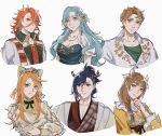  3boys 3girls blue_hair boucheron_(fire_emblem) braid brown_eyes brown_hair chloe_(fire_emblem) closed_mouth crossed_arms earrings etie_(fire_emblem) fire_emblem fire_emblem_engage goldmary_(fire_emblem) green_eyes hair_ornament hair_ribbon highres japanese_clothes jewelry kagetsu_(fire_emblem) long_hair long_sleeves medium_hair multiple_boys multiple_girls necklace orange_eyes orange_hair oratoza pandreo_(fire_emblem) portrait ribbon shirt short_hair side_braid tiara upper_body white_background white_ribbon white_shirt 