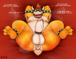  2023 absurd_res accessory anklet anthro anus armband armpit_hair balls bed bedding bedding_background belly big_balls big_butt big_penis bodily_fluids body_hair bowser bowser_day butt claws cock_ring collar demanding dialogue english_text erection eyebrows feet furniture genital_fluids genitals hair hands_behind_head hi_res horn huge_thighs humanoid_genitalia humanoid_penis inviting jewelry koopa legband looking_at_viewer male mario_bros miscellanea404 moobs musk nintendo nipples non-mammal_balls non-mammal_nipples nude on_bed open_mouth open_smile overweight overweight_anthro overweight_male penis penis_accessory penis_jewelry precum puffy_anus red_background scalie seductive simple_background smile soles solo spiked_anklet spiked_armband spiked_cock_ring spiked_collar spiked_legband spikes spread_legs spreading sweat talking_to_viewer teeth text thick_thighs tongue watermark 