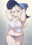  1girl absurdres armpit_hair armpits arms_behind_head blue_eyes blush breasts closed_mouth cloudxmoe cowboy_shot diana_cavendish film_grain hat highres light_green_hair little_witch_academia long_hair looking_at_viewer multicolored_hair navel pubic_hair simple_background solo tareme thick_arms two-tone_hair wavy_hair witch_hat 