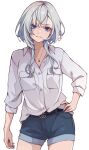 1girl absurdres blue_eyes commentary denim grey_hair hand_on_own_hip highres hitozche hololive hololive_indonesia jeans jewelry long_hair looking_at_viewer pants parted_lips pendant shirt shorts simple_background solo standing teeth vestia_zeta virtual_youtuber white_background white_shirt 
