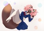  anthro brown_body butt canid canine canis clothed clothing female fur hair legwear lying mammal on_back pallid-panda pink_hair simple_background solo tail white_clothing white_legwear 