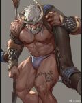  1boy abs arrow_(projectile) bara bow_(weapon) bulge carrying_over_shoulder fake_horns feet_out_of_frame holding holding_bow_(weapon) holding_weapon horned_headwear horns huge_weapon large_pectorals male_focus mature_male muscular muscular_male navel nipples old old_man original pectorals short_hair shoulder_tattoo solo stomach strongman_waist tattoo thick_eyebrows thick_mustache thick_thighs thighs tooboshoo topless_male weapon white_hair white_loincloth 