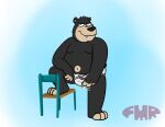  anthro barefoot bear black_body black_fur black_nose blue_background briefs briefs_only clothed clothing detailed_background dom_(foxmanad) feet foxmanad fur male mammal navel one_foot_on_chair overweight overweight_male sharp_teeth signature simple_background sitting smile solo teeth teeth_showing tighty_whities toony topless underwear underwear_only white_background white_briefs white_clothing white_underwear y-fronts 