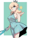  1girl aqua_dress ball blonde_hair blue_eyes border brooch crown dress eyes_visible_through_hair hair_over_one_eye highres jewelry mario_(series) mario_tennis outside_border racket rosalina sho-n-d short_dress solo sportswear star_brooch tennis_ball tennis_racket tennis_uniform 