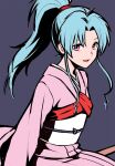  1girl blue_hair botan_(yu_yu_hakusho) grey_background highres japanese_clothes kimono long_hair long_sleeves looking_at_viewer open_mouth pink_eyes ponytail simple_background solo tb_(spr1110) yu_yu_hakusho 