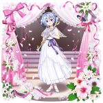  1girl absurdres alternate_costume bell blue_eyes blue_hair commentary curtains dress english_commentary flower flute full_body game_cg high_heels highres holding holding_instrument instrument jewelry light_blue_hair looking_at_viewer merlin_prismriver merlin_prismriver_(white_flutist) necklace open_mouth petals rotte_(1109) second-party_source short_hair solo touhou touhou_lost_word white_dress white_flower white_footwear 