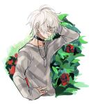  1boy accelerator_(toaru_majutsu_no_index) albino androgynous ath1243 black_choker choker collarbone electrodes flower from_side grey_shirt hand_in_own_hair hand_on_own_hip long_sleeves looking_down official_alternate_costume pale_skin red_eyes red_flower red_rose rose rose_bush sanpaku shirt short_hair sketch solo toaru_majutsu_no_index upper_body white_background white_hair 