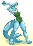  2019 after_transformation animate_inanimate anthro blue_body breasts clothing digital_media_(artwork) digitigrade ear_tag eeveelution eyes_closed female generation_1_pokemon handles hi_res inflatable living_inflatable nintendo nozzle one-piece_swimsuit oter pokemon pokemon_(species) simple_background smile solo standing stretching swimwear vaporeon 