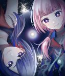  2girls bare_shoulders blue_eyes blue_hair blue_jacket close-up full_moon hair_tubes highres horizon jacket kaf_(kamitsubaki_studio) kamitsubaki_studio long_hair looking_at_another low_ponytail low_twintails mahiru_(mahiru.log) moon multicolored_hair multiple_girls pink_hair red_hair red_jacket rim_(kamitsubaki_studio) rotational_symmetry sleeveless sleeveless_jacket smile twintails two-tone_hair virtual_youtuber water yellow_pupils 