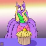  anthro black_nose breasts canid canine clothed clothing cupcake dreamspinner female food fox foxenawolf fur karri mammal midriff multi_tail navel purple_body purple_fur shirt solo tail tank_top topwear 