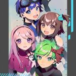  2boys 2girls aine_(hoshi_wo_miru_hito) blue_eyes blue_hair brown_hair dress elbow_gloves en_or gloves goggles goggles_on_head green_eyes green_hair hairband hoshi_wo_miru_hito long_hair minami_(hoshi_wo_miru_hito) misa_(hoshi_wo_miru_hito) multiple_boys multiple_girls one_side_up pink_dress pink_hair romancing_stella_visor shiba_(hoshi_wo_miru_hito) short_hair 